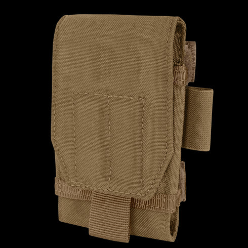 The Condor Tech Sheath Plus is a brown tactical pouch with a flap cover, stitched front pocket, and side loop, crafted from durable fabric—perfect for first responders or the shooting range.